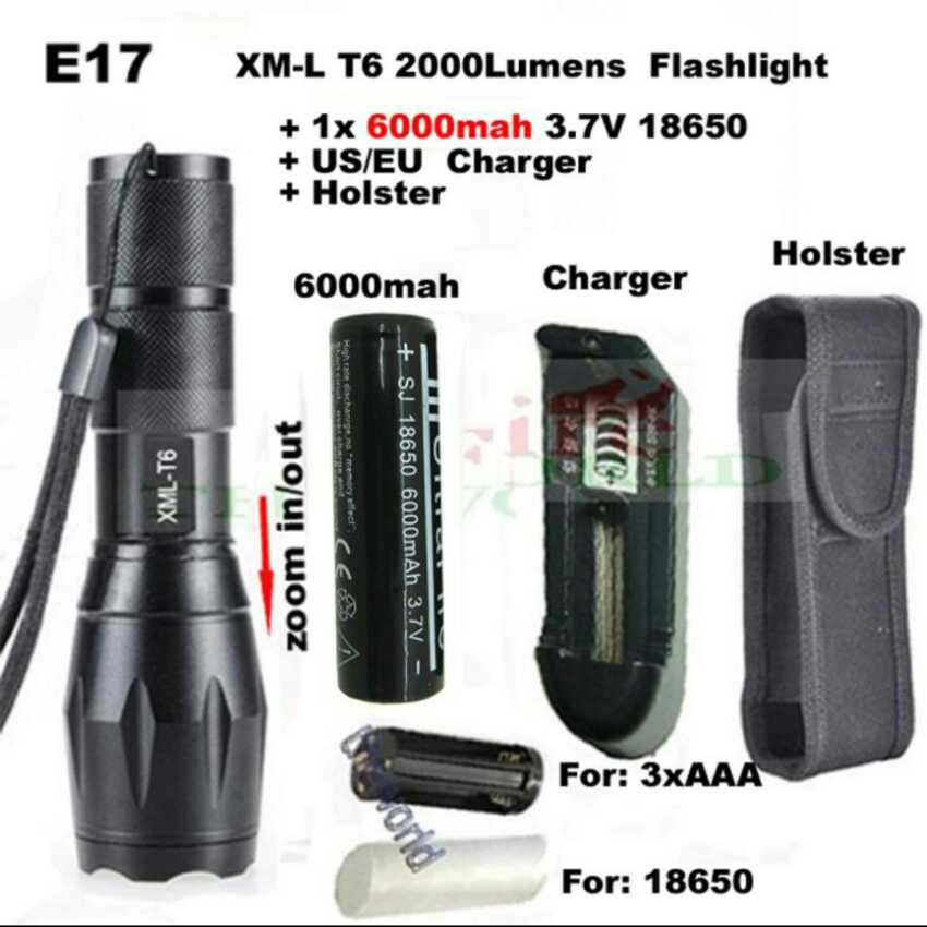 Exclusive Quality 2000 Lumens Zoomable LED Flashlight Torch light 1 6000mah Rechargeable Battery charger holster